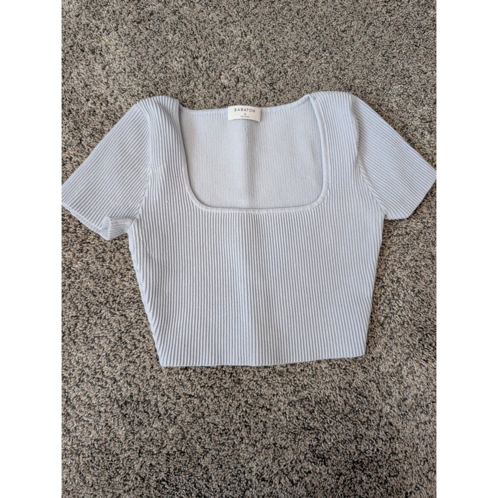Babaton Aritzia Sculpt Knit Squareneck Cropped T-Shirt Light Blue Small